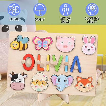 Name Puzzle for Kids Personalized, Montessori Educational Toys, Customized Wooden Puzzles for Toddlers 1-3, 1st Birthday Gift for Boys and Girls, Easter Basket Stuffer