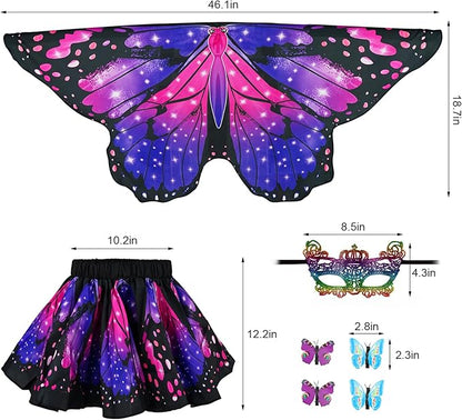 Butterfly Costume for Girls Fairy Wings Kids 4 Pcs(Cape,Skirts,Masks,Hair Clips) Butterfly Wings for Halloween Gifts