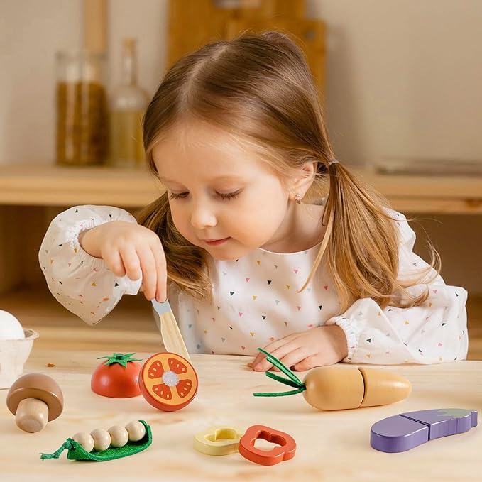 ROBOTIME Wooden Play Food Cutting Vegetable Set, Pretend Play Toy Food for Play Kitchen with Shopping Bag – Kids Kitchen Accessories, Wooden Veggie Toys for Boys & Girls