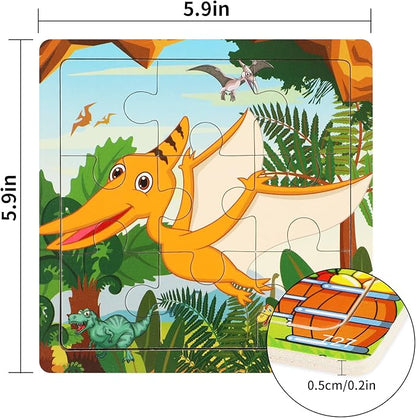 SANNIX 12 Pack Dinosaurs Animals Jigsaw Puzzles with 12 Organize Bags Wooden Dinosaurs Toddlers Puzzles for Kids Ages 3-6 Party Favors Educational Learning Travel Toys for Boys and Girls