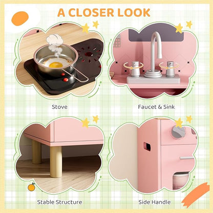 MAMIZO Wooden Kids Play Kitchen Set with Real Lights & Sounds, Interactive Pretend Kitchen with Knob Sounds, Sink, Water Dispenser, 6 Pcs Cookware & Chalkboard Panel for Toddlers and Children (Pink)