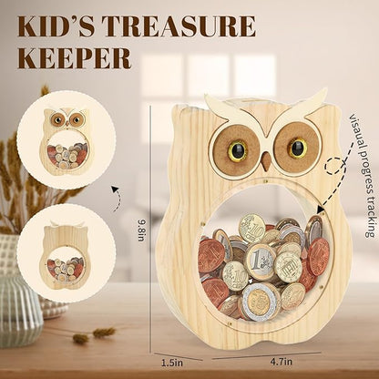 Wooden Money Bank, House-Shaped Piggy Bank with Clear Window, Decorative Coin Storage Box for Kids (Owl Piggy Bank)
