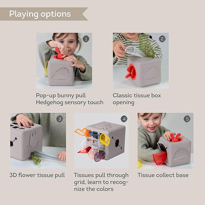 Taf Toys Baby Tissue Box Montessori Toys for Babies - Sensory & Motor Skills Development Silicone Toy with 10 Fabric Tissues, Pop-Up Bunny, Toys for 1 Year Old Boy Girl Preschool Toy