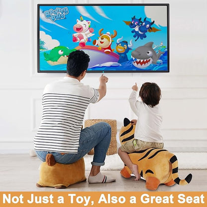 iPlay, iLearn Bouncy Pals Tiger Hopper Toy, Toddler Hopping Horse, Kid Plush Ride on Animal Bouncer W/Pump, Inflatable Bouncing Rider, Indoor Outdoor Jumping Birthday Gift 2 3 4 5 6 Year Old Boy Girl