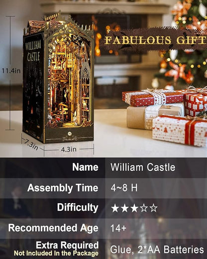 Book Nook Kit William Castle, DIY Booknooks Kit for Adults Teens with Sensor Lights, Bookshelf Diorama Miniature Scenes Insert Decor, 3D Wooden Puzzle Miniature House Kit Gifts for Women