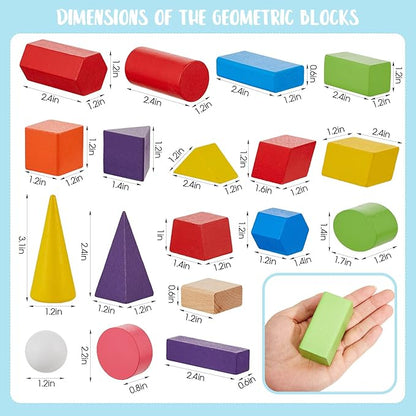 Deekin 18 Pcs Large 3D Shapes for Teaching Math Manipulatives Geometric Solids Blocks Montessori Learning Toys Blocks Solid for Preschool Elementary Kindergarten Home School Supplies (Wooden Shape)