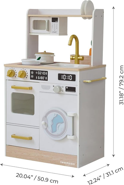 Teamson Kids Little Chef Lake Tahoe Smart Play Kitchen with Washing Machine, Oven, Microwave & Ample Storage, Neat & Compact Healthy Play for Age 3+, White