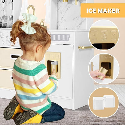 JOYLDIAS Play Kitchen, Wooden Kids Play Kitchen Playset Chef Pretend Play Set for Toddlers w/Ice Cube Dispenser, Oven, Cooking Accessories,Trendy Home Style w/Curtains, Storange Box, Gift for Ages 3+
