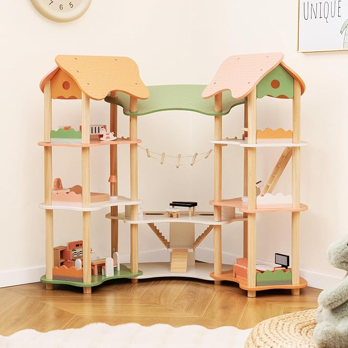 Costzon Wooden Dollhouse for Kids, 3-Story Luxury Doll House with 32 Pieces Furniture Accessories, 7 Rooms, Stairs & Balcony, DIY Pretend Dollhouse Playset, Gift for Girls Toddlers Ages 3+ (Colorful)