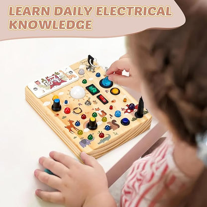 Joyreal Wooden Busy Board with LED Light, Montessori Toddler Toys, Wooden Sensory Board, Toddlers Activity Travel Toys for Boy & Girl Birthday Gift (Forest Theme)