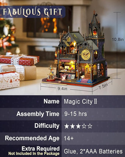 Miniature House Kit Magic City Ⅱ, DIY Miniature Dollhouse Kit for Adults, Tiny House Unique Decor with LED Lights, Wooden Craft Mini Model Kits, Birthday Gift for Teens Family Friends