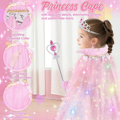Princess Dress Up Clothes for Little Girl, Light Up Princess Cape Set with Crown, Princess Dresses for Girls 3-8 Role Play, Princess Toy Gift for Halloween Christmas Birthday Party