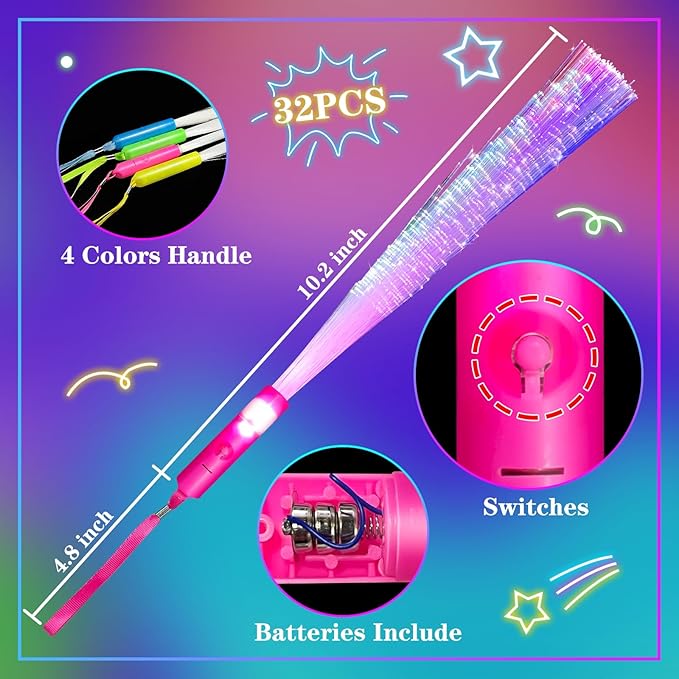 30 Pcs Colorful Glow Fiber Wands,Toys Glow Sticks Bulk Party Pack for Adults,Glow in the Dark Party Supplies for Back to School Halloween , Wedding, Birthday,Classroom,Concert,Pool Party Favors