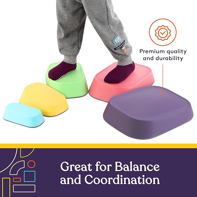 Special Supplies Set of 5 Stepping Stones for Kids Indoor and Outdoor Balance Blocks Promote Coordination, Balance Strength Child Safe Rubber, Non-Slip Edging (Rainbow)