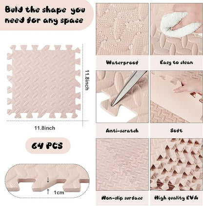Shihanee Foam Floor Baby Tiles Foam Floor Mats Play Mats Bulk with Borders Interlocking for Kids Baby Playroom Nursery Gym (Beige,64ft)