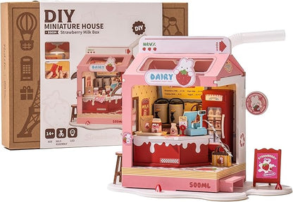 DIY Mini House Building Miniature Kit Milkbox, Miniature Lifestyle Bookshelf Decoration, Cute Craft Kits for Women or Girls 14+, Kawaii Gifts Hobbies for Crafters (Strawberry Milkbox)