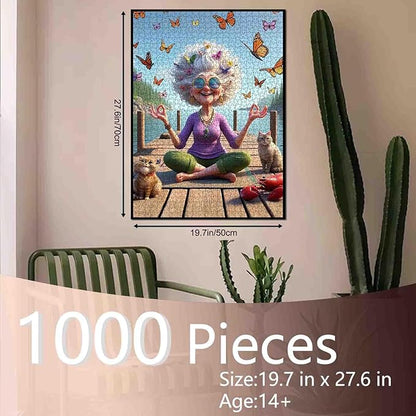 Funny Grandma Meditation Yoga Jigsaw Puzzle for Adults Students 1000 Pieces Butterfly Cat Lobster Relaxing Lake Scenery Whimsical Animals 20×27 Inches Large Puzzle Brain Challenge Gift for Women Men
