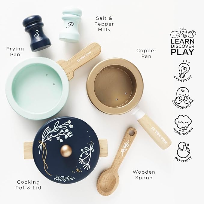 Le Toy Van - Educational Wooden Pretend Kitchen Honeybake Pots and Pans Cooking Set Play Toy | Kids Role Play Toy Kitchen Accessories (TV301)