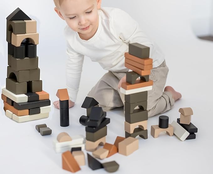 Educational Stacking Blocks for Toddlers 1–3 – 46-Piece Wooden Building Block Set | Montessori-Inspired Learning Toy with Storage Bag | Safe, Non-Toxic, Earth-Tone Colors