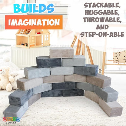 The Original Premium Plush Building Block for Kids - Certified Safe Foam Blocks in Luxuriously Soft Fabric Covers - Set of 24 (Castle Rock)