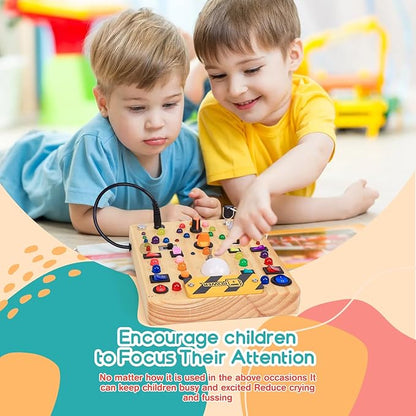 RichBoy Busy Board for 1-3 Year Old, 59 in 1 LED Light Up Wooden Sensory Montessori Switch Board Toy for Toddlers Travel Gift (7.8" x 6.5")