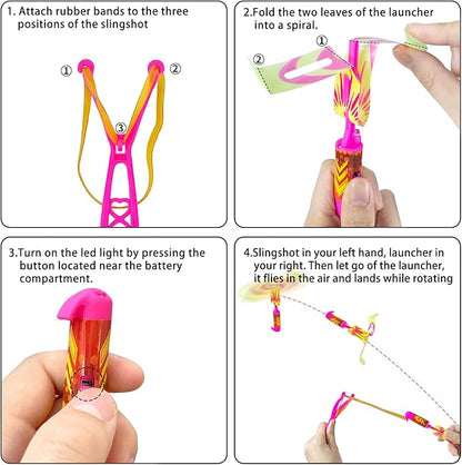 50 Pcs Slingshot Flying Toys with Led Lights,25 Pcs LED Arrow Helicopters + 25 Pcs Launchers,Summer Outdoor Game Glow in The Dark Party Supplies Party Favors for Kids 4-8,8-12 Bulk Toys
