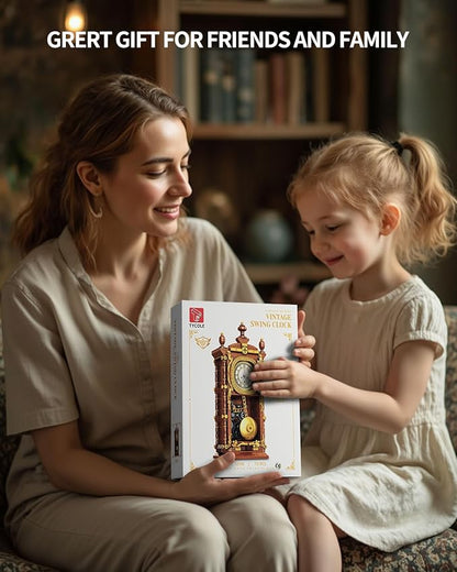 Vintage Pendulum Clock Building Block Set, Stem Toy with Real Clock Function and Linkable Mechanical Pendulum, Unique Home Decoration and Collectible for Adults&Kids 6+