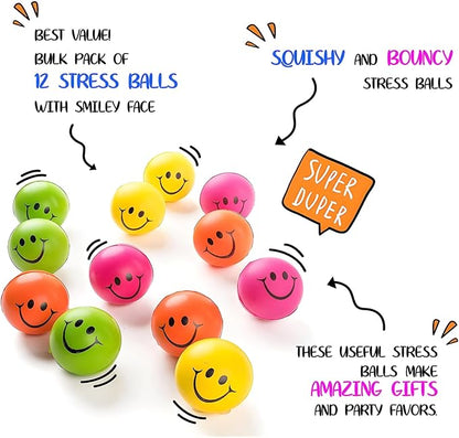 Neliblu Neon Smile Stress Balls for Adults and Kids - Foam Squeeze Balls for Stress Alleviation, Relaxation and Fun - Pack of 12 Happy Face 2.5-Inch Stress Balls - Ideal for Parties, Therapy, and Toys