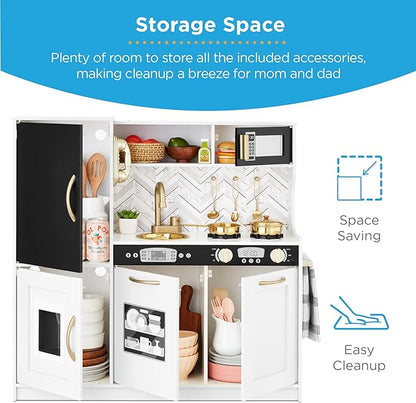 Best Choice Products Pretend Play Kitchen Wooden Toy Set for Kids w/Realistic Design, Telephone, Utensils, Oven, Microwave, Sink - White Bevel