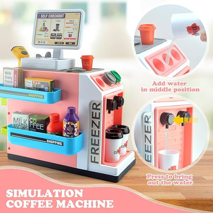 Pretend Play Cash Register Toy Set with Scanner, Play Money, Calculator, Coffee Machine and Play Food for Kids Ages 3+ (Pink)