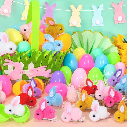 SevenQ Easter Eggs Fillers with Bunny Hair Clips Colorful 24 Pack, Easter Basket Stuffers Party Favors Gift Bags for Kids Cute Stuff Plush Fidget Toys Classroom Treasure Box Egg Hunt Games Supplies