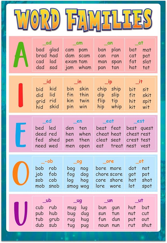 FLYAB Sight Words and Word Families Poster,12"x18" Word Wall Charts Educational Posters,Learning Classroom Poster for Kindergarten Preschool Homeschool Kids Room Decorations