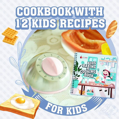 JoyTown Kids Cooking and Baking Set with Storage Case –Complete Cooking Supplies for The Junior Chef with Cookbook, Knives, Timer, Kids Baking Kit for Girls & Boys – Real Utensils Accessories - Pink