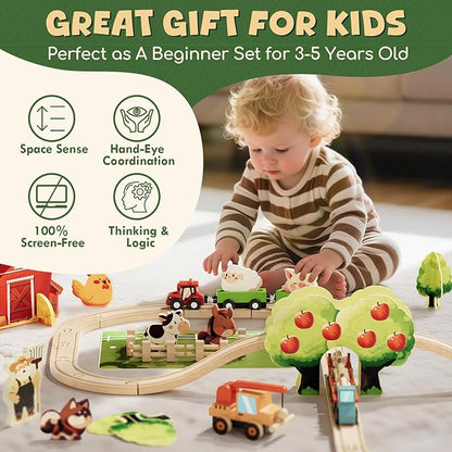 Lehoo Castle Wooden Train Set for Toddlers 2-4, Wooden Train Track, Farm Animals Toys for Ages 3-5, 3 Year Old Boy Gift, Toys for 4 Year Old Boys