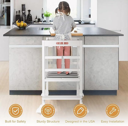 WOOD CITY Kitchen Step Stool Helper - Montessori Foldable Standing Tower for Toddlers with Safety Rail, Height Adjustable Ideal Helper for Learning New Skills, Natural Pure Pine Wood (White)
