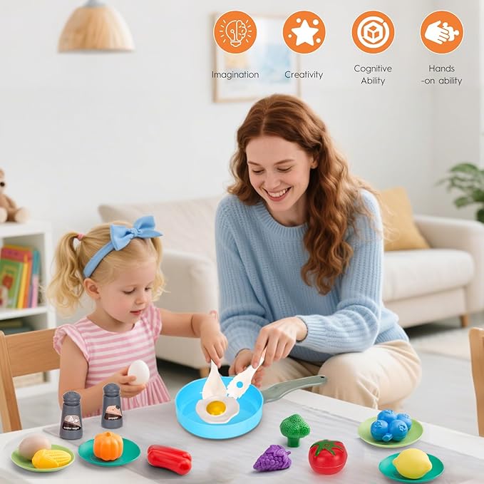 35Pcs Kids Kitchen Toy Accessories, Toddler Pretend Cooking Playset with Play Pots, Pans, Utensils, Cookware, Play Food Set, Toy Vegetables, Learning Gift for Girls & Boys (Turquoise)