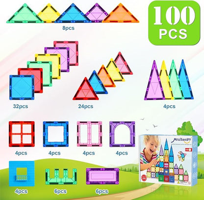 100PCS Magnetic Tiles Kids Toys - Magnetic Building Blocks STEM Magnet Building Set Preschool Learning Magnet Toys for Kids Ages 3-5 4-8, Sensory Montessori Toy for Toddlers 3+ Year Old