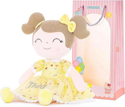 Gloveleya Personalized Doll with Embroidered Name - Floral Yellow Custom Plush Doll for Girls Cute Plush Doll Customized Gift - Muñecas de Trapo Personalizadas para Niñas
