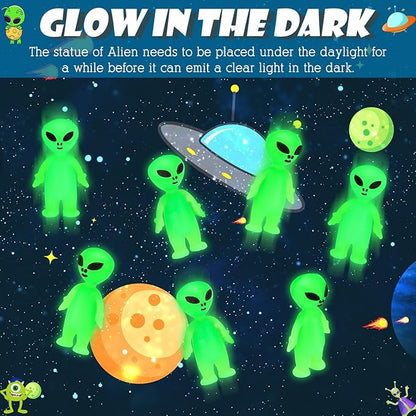 40 Pcs Glow in the Dark Mini Alien Figures Set with Card and Gift Bag for Space Birthday Party Favors Halloween Little Small Tiny Alien Figurines Statue for Hide and Seek(Green)