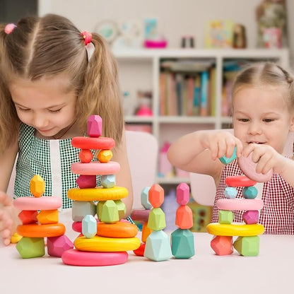 OESSUF Stacking Rocks 26Pcs Stacking Blocks Balancing Stones Wooden Building Toys Wood Stone Stacking Game for Toddler Sorting Preschool Educational Montessori Stacking Rocks for Kids