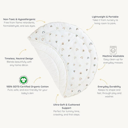 MakeMake Organics Organic Play Mat GOTS Certified Organic Cotton Nursery Floor Rug Washable Reversible Non Toxic Activity Mat Tummy Time Crawling Pad Thick Quilted (Round 48", Rainbow, White)