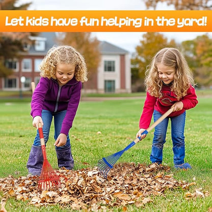 Kids Friendly Rakes for Leaves - 28" Child Size Small Rake with Durable Metal Head & Hardwood Handle, Real Lawn Garden Yard Tools for 3+ Years Kids Enjoy Helping Work Gifts, 2 Pcs