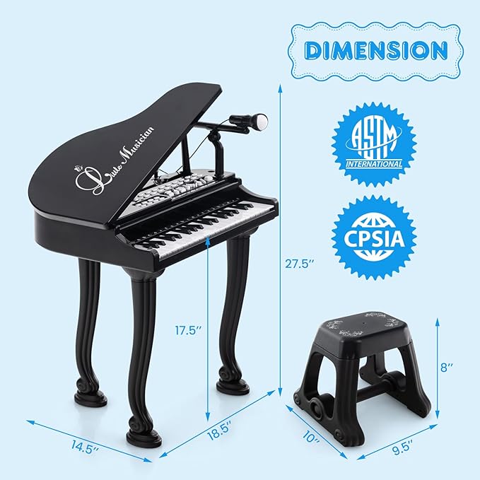 Costzon Kids Piano, 37 Key Mini Grand Piano Toy Keyboard with Microphone, Stool & Lights, Portable Electronic Piano Educational Musical Instrument Toy, Birthday Gift for Toddler Boys Girls (Black)