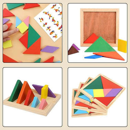 3 otters Wooden Tangram Puzzles for Kids, Educational Shape Puzzle Toys, STEM Montessori Brain Logic Blocks, 4 Pack