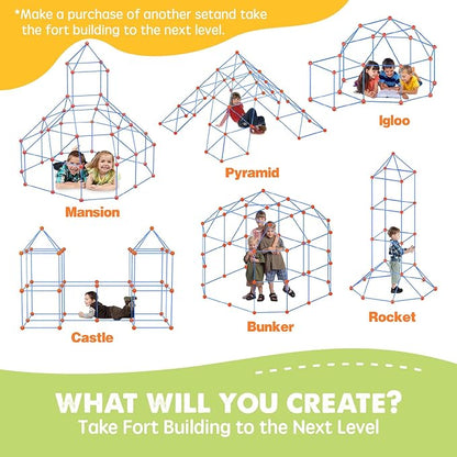 Tiny Land Kids-Fort-Building-Kit-80 Pieces-Creative Fort Toy for 5,6,7,8 Years Old Boy & Girls-STEM Building Toys DIY Castles Tunnels Play Tent Rocket Tower Indoor & Outdoor Playhouse