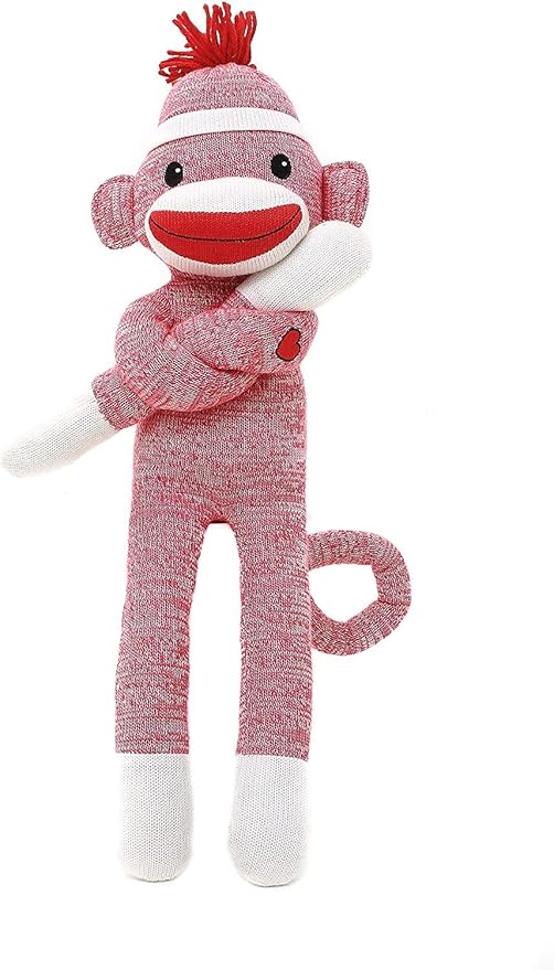Adorable Sock Monkey, The Original Traditional Hand Knitted Stuffed Animal Toy Gift-for Kids, Babies, Teens, Girls and Boys Baby Doll Present Puppet (20" Pink)
