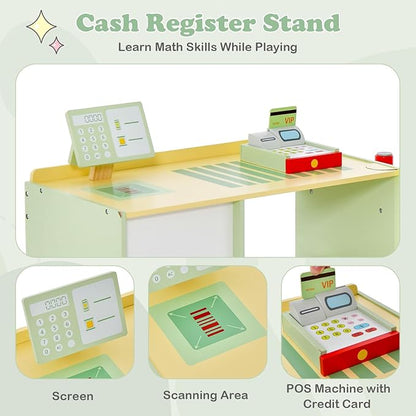 HONEY JOY Kids Grocery Store Playset, Wooden Supermarket Playset w/Cash Register & Vending Machine Toy, Blackboard, Checkout Counter Stand, Grocery Store Pretend Play for Toddler Boys Girls (Green)