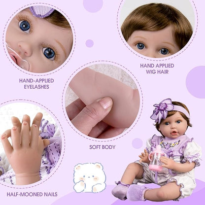 Aori Reborn Baby Dolls - 22 Inch Realistic Lifelike Baby Girl - Handmade Vinyl Reborn Doll with Feeding Set & Purple Outfit | Newborn Baby Doll for Kids 3+, Collectors, Role Play