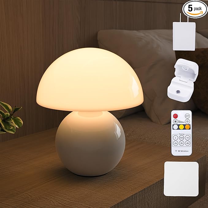 NATSUKASHI Mushroom Lamp for Bedroom - White Ceramic Mushroom Table Lamp with Remote, Dimmer & Cord Clip - Mid Century Modern Aesthetic Desk Lamp for Nightstand, Living Room, Gift Decor
