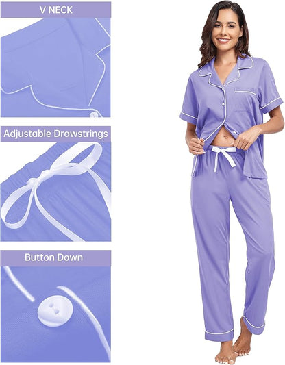 CF Womens 100% Cotton Pajamas Set Button Down Pjs Sets Short Sleeve Top & Long Pants Sleepwear Comfy Loungewear with Pockets